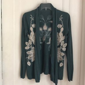 Anthro green embroidered floral cardigan small